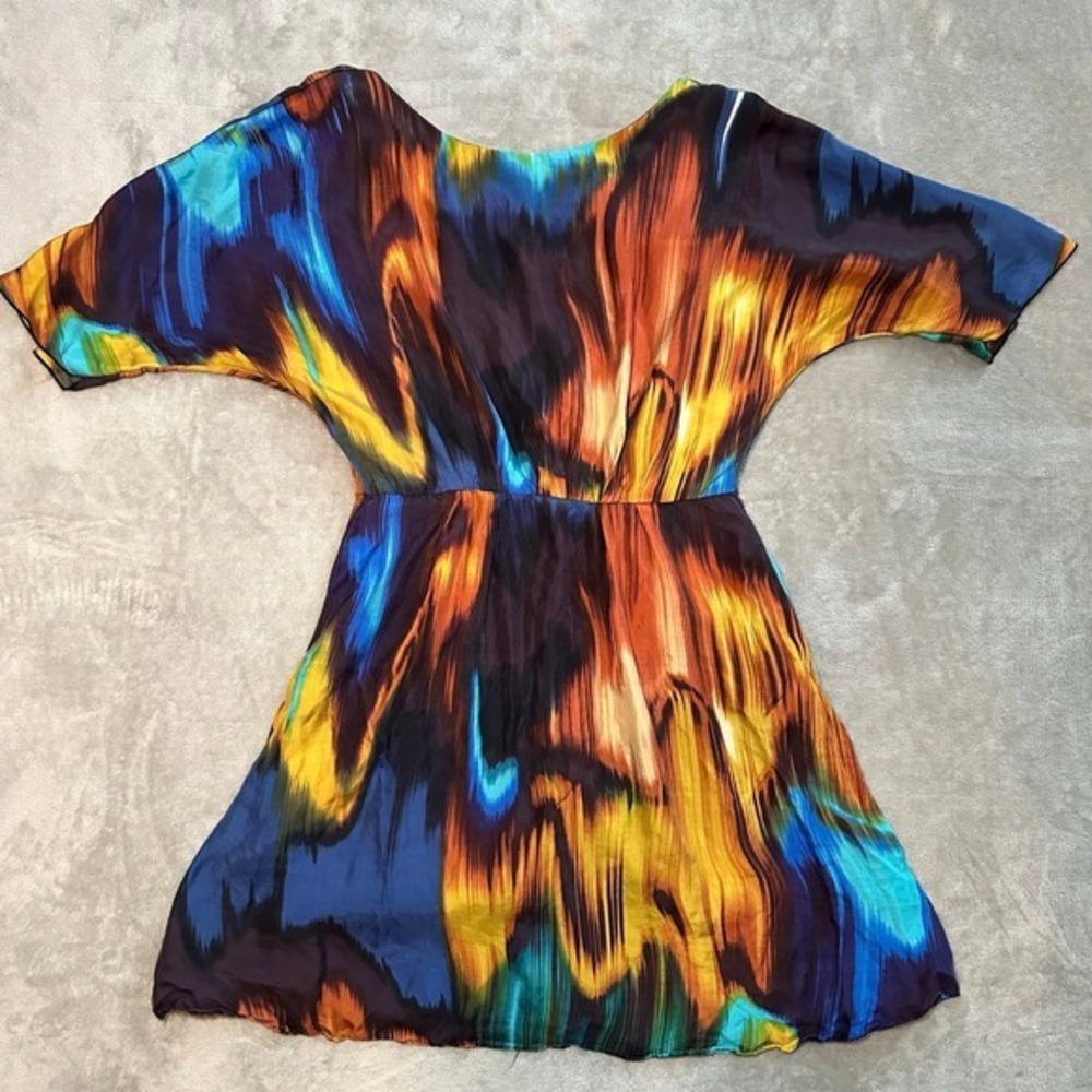 Vtg Abstract Print Mini Dress Women Size M 100% Silk Multicolor Art To Wear Boho - Picture 3 of 12